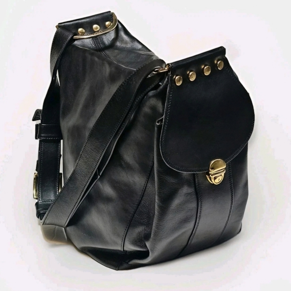 FP Pelletterie Firenze Black Leather 2-in-1 Convertible Shoulder Bag Backpack
